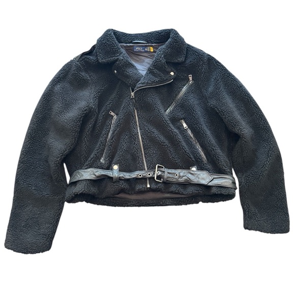 Polo Ralph Lauren Moto Jacket Women's Fleece Sherpa Biker Black - Picture 3 of 9